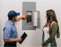Mr. Electric service professional inspecting a home electrical system for surge protection repair.