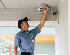 Professional electrician performing electrical installation and repair services in a home.