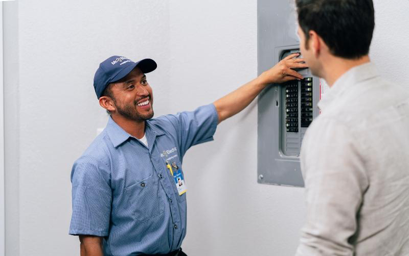 Mr. Electric electrician is talking about electrical panel repairs to a customer in Greensboro.